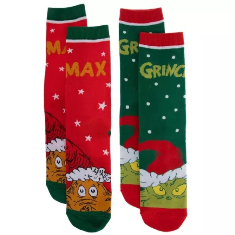 •Getting Festive w/Grinch & Max• Two Pack Youth Holiday Socks Sz 5y to 8y
